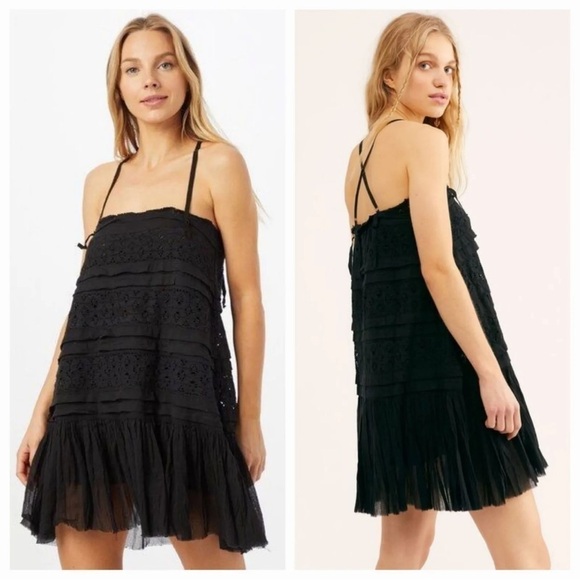 Free People Black Shailee slip mini dress with cami straps pleated hem sz Small - Picture 13 of 16